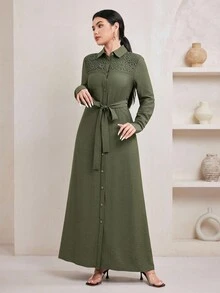 Veilorie Damen Einfarbige Bluse mit Spitzenkontrast Langarm & Elegantes Kleid im arabischen Stil - Armeegrün - Übersicht 5
