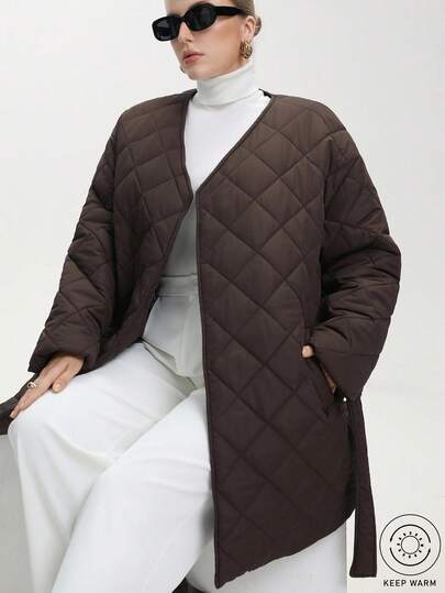 Aveloria Modichic Plus Size Women's Casual Winter Jacket With Minimalist Silhouette, Turndown Collar, Self-Tie Belt, Diamond Quilted Stitching, Side Pockets