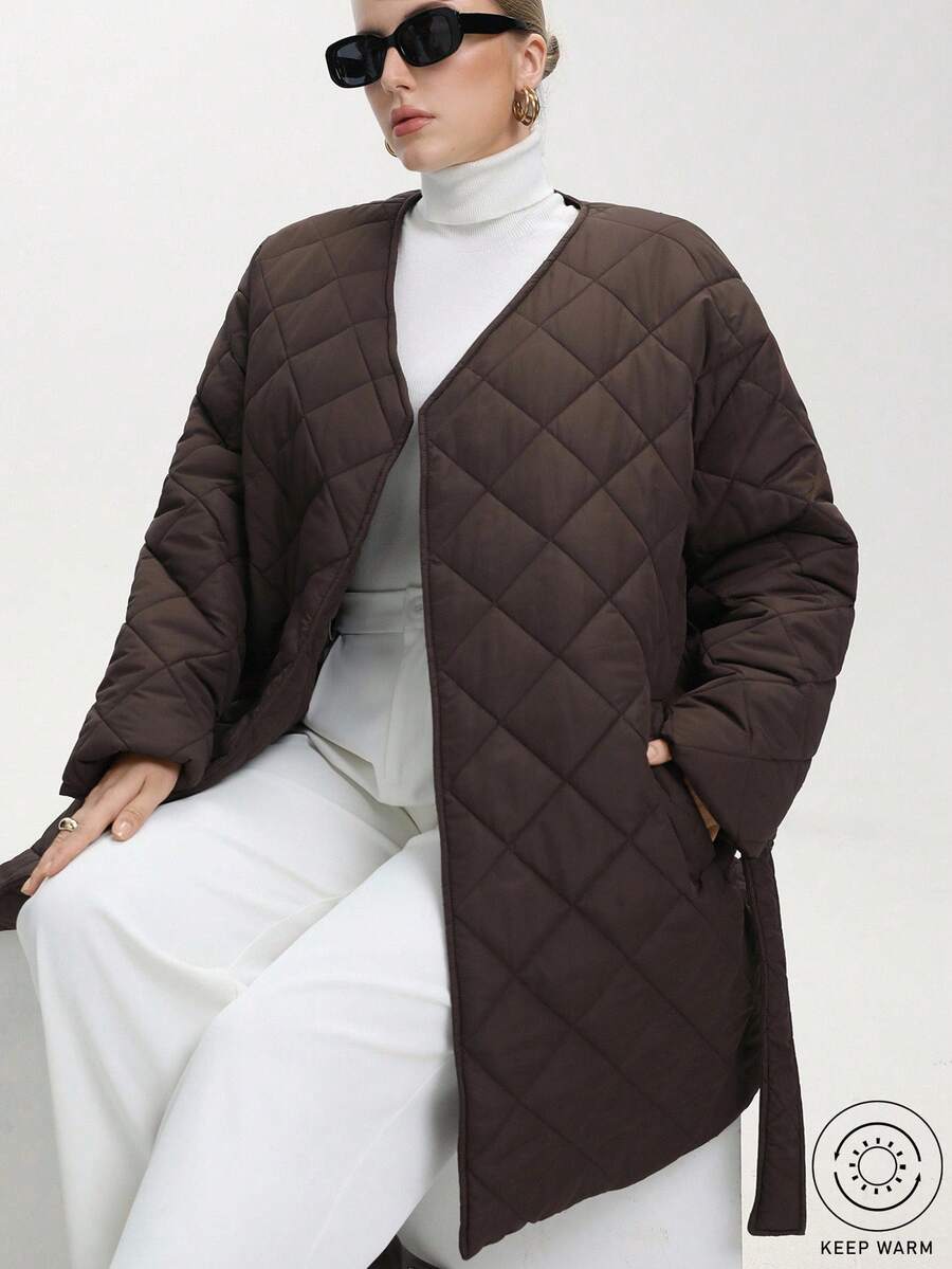 Aveloria Modichic Áo khoác mùa đông thường ngày cỡ lớn dành cho nữ với kiểu dáng tối giản, cổ bẻ, thắt lưng tự buộc, đường khâu chần bông hình thoi, túi bên hông - Cà phê nâu - Xem 1