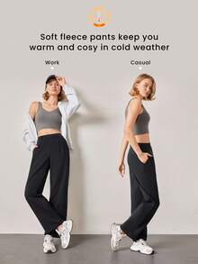 GLOWMODE 29" Warm Fleece Versatile Wrinkle-Resistant Stretchy Easy Pull-On Tailored Wide Leg Work Pants With Side Pockets Daily Casual Office Winter - Black - View 2