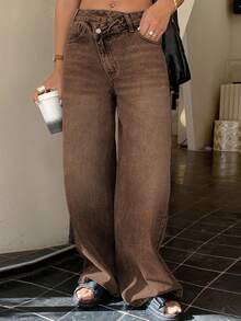DAZY Jeans de tiro bajo con diseño de cintura baja y pierna recta, jeans de tiro bajo Y2K para mujer - Marrón - Ver 3