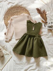 SHEIN Vintaside Kids 女婴可爱刺绣松鼠图案长袖连衣裙，背带裙套装，可爱甜美，适合各种场合，秋冬 - 彩色 - 查看 2