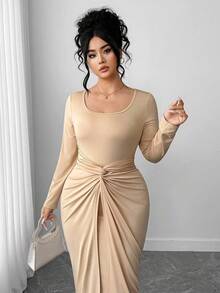 Elenzga Plus Size Women's Crew Neck Long Sleeve Knit Elastic Solid Color Maxi Dress, Versatile Dress With Multiple Wearing Ways, Fashionable, Elegant, Minimalist, Retro Romantic For Commute, Suitable For Daily Wear, Party, And Formal Events, Fitted And Sexy - Khaki - View 4