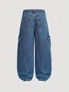 SHEIN Vacaura 复古水洗宽松多口袋直筒牛仔裤，适合青少年男孩，休闲街头风，男女皆宜