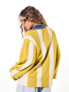 SUMWON WOMEN Downtown NYC Varsity Knit Sweater Letterman Collegiate Style Denim Collar Retro Classic Outerwear College Fashion Winter Fall