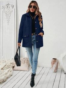 EMERY ROSE Women's Navy Blue Fashionable Front Button Pocket Casual Jacket Coat