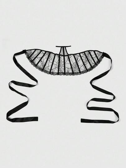 ROMWE Goth 暗黑哥特风格系带斗篷，刺绣扇形网状斗篷带蜘蛛网图案黑色主题角色扮演道具及配饰万圣节黑色披风