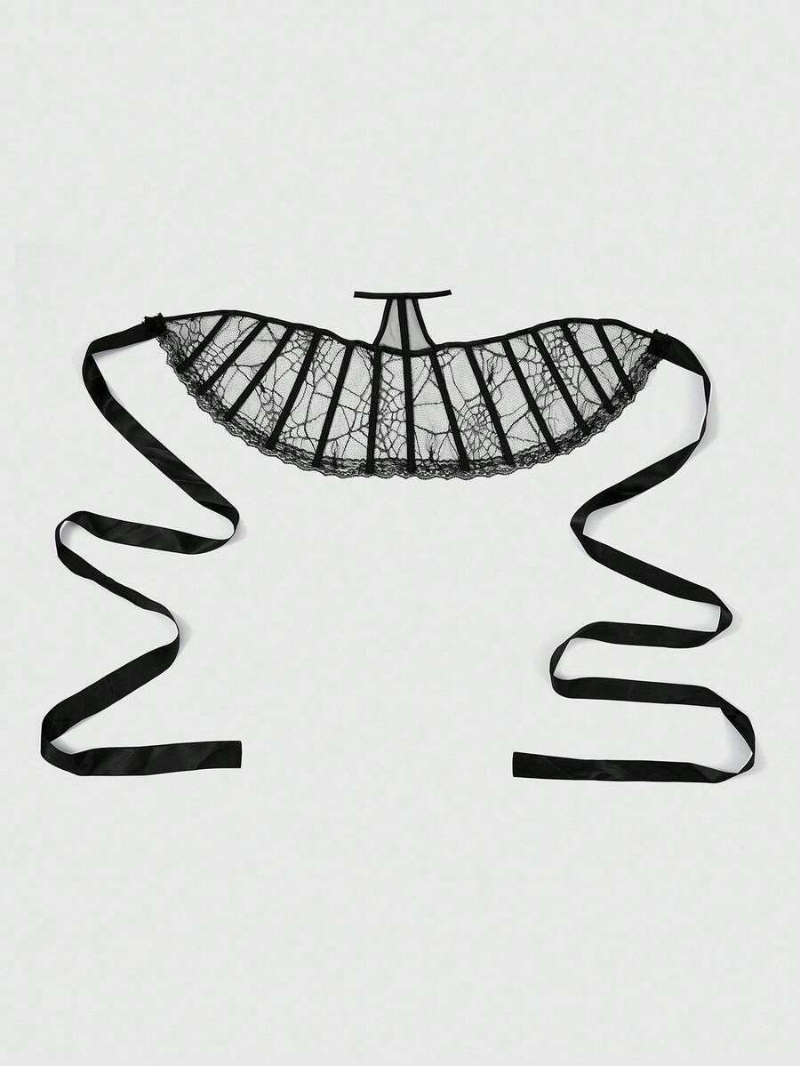 ROMWE Dark Gothic Style Tied Cloak, Embroidered Fan-Shaped Mesh Cloak With Spider Web Pattern Black Themed Role-Playing Props And Accessories Halloween Black Cape - A - View 1