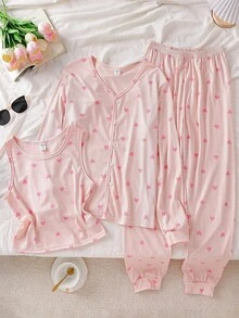 3件套少女甜心图案长袖上衣、裤子和吊带背心睡衣套装 - 粉色 - 查看 1