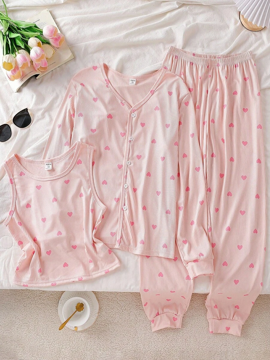 3件套少女甜心图案长袖上衣、裤子和吊带背心睡衣套装 - 粉色 - 查看 1