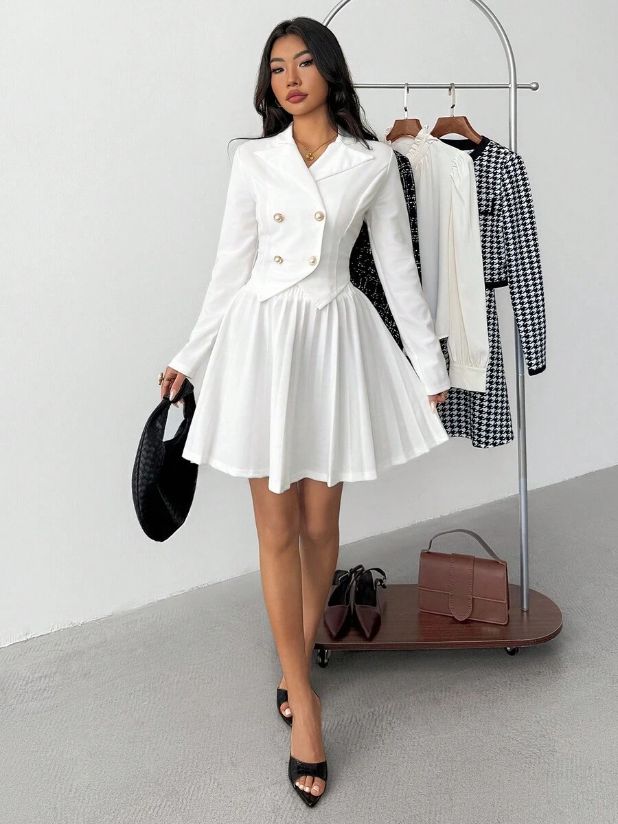 SHEIN 2pcs/Set Teen Girl Elegant Asymmetrical Hem Blazer & Pleated Mini Skirt Suit