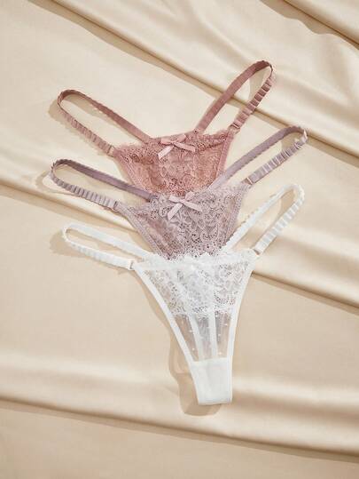 Charlaine 3packs Floral Lace Bow Decor G-String Sexy Lingerie Bow Tie