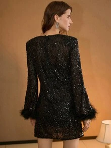 MOTF PREMIUM FLARE SLEEVE PATCHWORK FAUX FEATHER SEQUIN SEQUINS PARTY DRESS