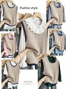 Franclia 女式休闲宽松圆领无袖针织撞色边卡其色毛衣上衣，春秋季