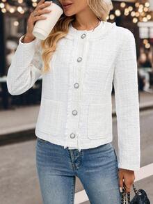 EMERY ROSE Women's Solid Color Minimalist Long Sleeve Overcoat, Daily Wear Tweed Jacket White Tweed Jacket Button Up Jacket Fringe Tweed Jacket Women Tweed Jacket In Fall/Winter - White - View 1