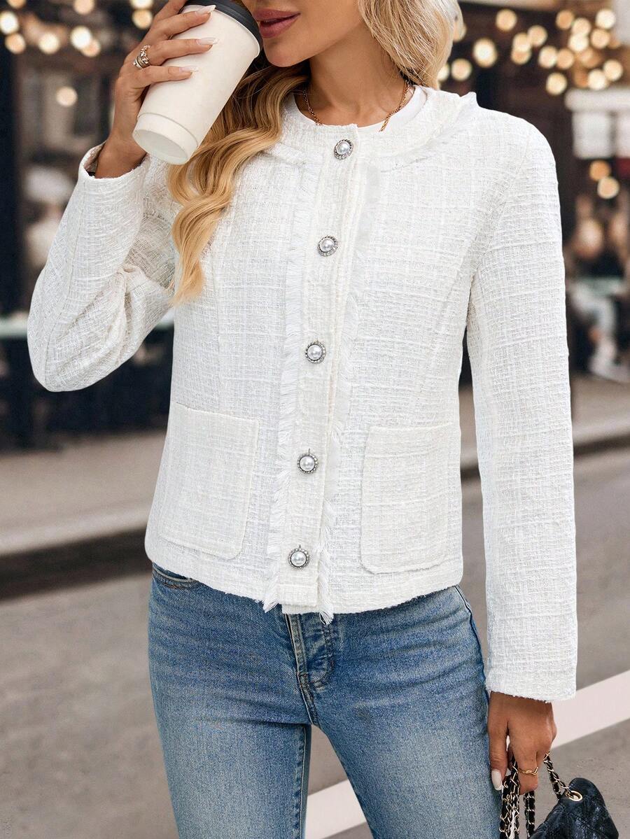 EMERY ROSE Women's Solid Color Minimalist Long Sleeve Overcoat, Daily Wear Tweed Jacket White Tweed Jacket Button Up Jacket Fringe Tweed Jacket Women Tweed Jacket In Fall/Winter - White - View 1