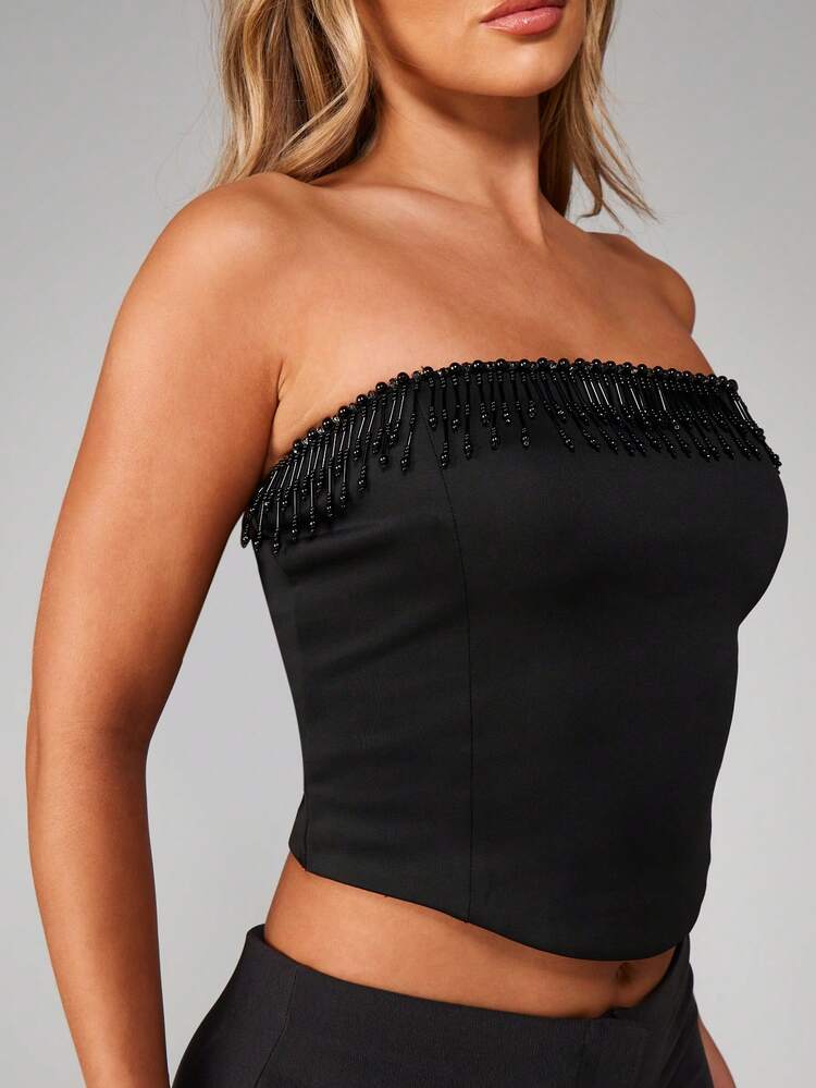 MISSGUIDED Beaded Bandeau Tube Strapless Crop Party Evening Occasion Fitted Elastic Fashion Club Party Formal Glam Top With Black Beads Trim