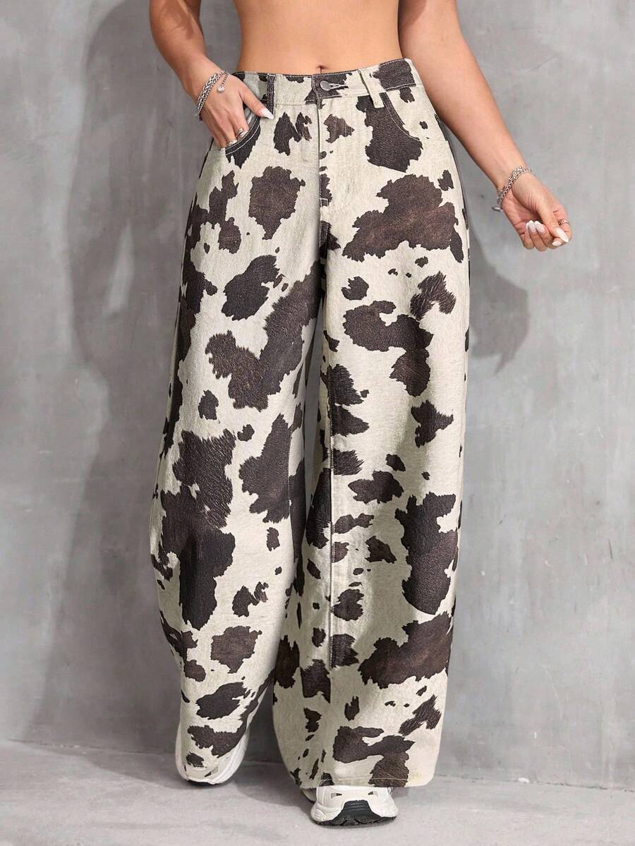 SHEIN 少女复古90年代豹纹宽松口袋休闲低腰牛仔裤，百搭阔腿牛仔裤，Y2K风格，适合教师、返校、教堂、商务休闲、工装牛仔裤、秋冬宽松裤装 - 彩色 - 查看 1