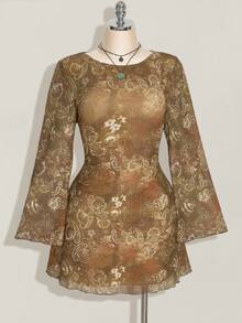 SHEIN ICON Váy cỡ lớn cho nữ mùa thu, váy dài tay cho nữ, váy lễ hội tay chuông lưới Paisley cổ điển Y2k gợi cảm cho ngày lễ - màu nâu - Xem 3