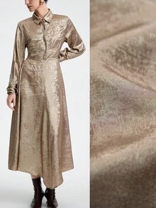 SHEIN Stylify 女士优雅高端正式办公室通勤休闲曲线商务休闲装节日下午茶日常聚会宾客连衣裙，金属面料衬衫领前开腰 A 字开衩设计长袖袖口系带长裙 - 金色 - 查看 1