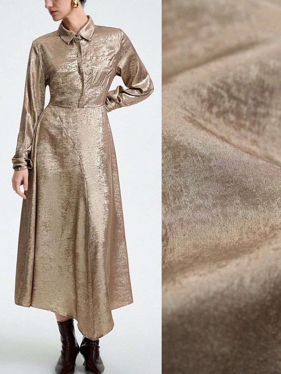 SHEIN Stylify 女士优雅高端正式办公室通勤休闲曲线商务休闲装节日下午茶日常聚会宾客连衣裙，金属面料衬衫领前开腰 A 字开衩设计长袖袖口系带长裙 - 金色 - 查看 1