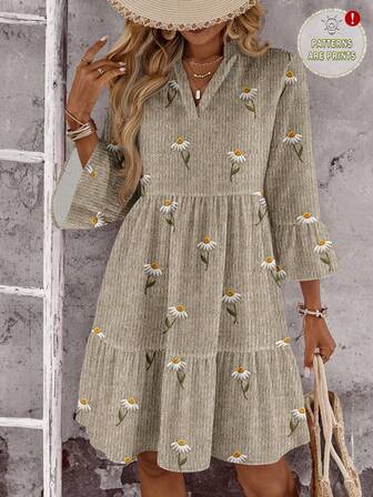 EMERY ROSE Lässiges, vintage-romantisches, elegantes Kurzkleid mit Gänseblümchen-Blume Muster für Damen, geeignet für Herbst/Winter, passend für Ausflüge und Dates