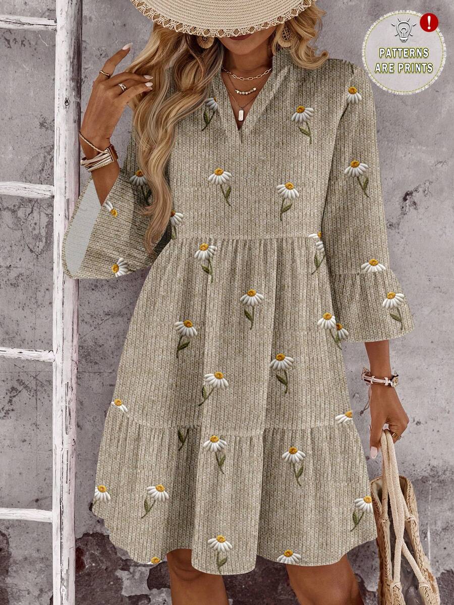 EMERY ROSE Lässiges, vintage-romantisches, elegantes Kurzkleid mit Gänseblümchen-Blume Muster für Damen, geeignet für Herbst/Winter, passend für Ausflüge und Dates - Verschiedenfarbig - Übersicht 1