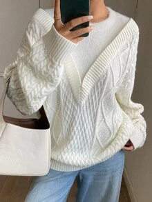 DAZY Suéter de punto holgado y elegante de mujer con ajuste casual, estampado de parches y flores, cuello redondo y manga larga, para otoño/invierno - Blanco - Ver 5