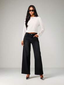 MISSGUIDED 秋冬时尚经典深色水洗阔腿高腰牛仔裤，休闲日常街头风格，全长宽松版型 - 黑色 - 查看 2