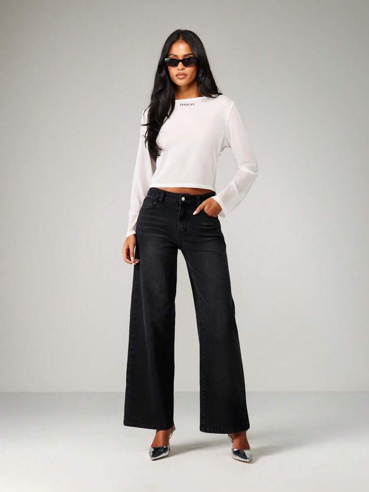 MISSGUIDED Pantaloni in denim a vita alta e gamba ampia, stile casual di tutti i giorni, lavaggio scuro classico, adatti per l'autunno e l'inverno, lunghezza completa, vestibilità morbida