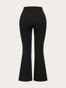 SHEIN EZwear 2 件套黑色高腰交叉设计紧身休闲喇叭裤，适合春秋季，加大码 - 黑色 - 查看 5