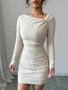 Selianne Women's Solid Color Minimalist Daily Wear Asymmetric-Shoulder Long Sleeve Dress - Apricot - View 6