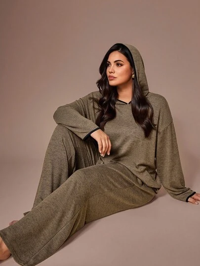 Lazeform 柔软针织花卉网纱撞色连帽上衣和裤子套装，大码家居服，舒适保暖，秋冬服装