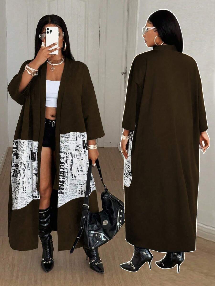 Maweii Casaco Cardigan Fino Plus Size para Mulheres, Comprimento Longo com Estampa Floral Patchwork, Casaco Casual Solto com Mangas 3/4, Outono/Inverno