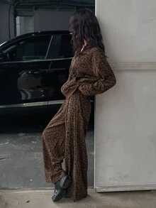 DAZY 2pcs Women's Leopard Ribbed Loose Jacket And Pants Set