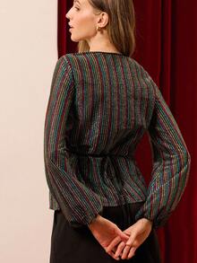 lacRébo 秋冬金属色条纹裹身上衣长袖秋季女装秋冬 - 彩色 - 查看 2