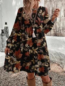 EMERY ROSE Abito midi casual da donna a maniche lunghe con collo rotondo e stampa a foglie d'acero, adatto per l'autunno/inverno - Multicolore - Visualizzare 5