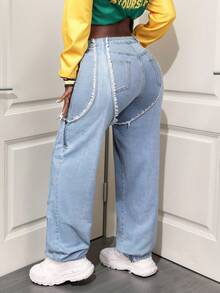 BamGleam Jeans casuales anchos de cintura alta con bolsillos y diseño deshilachado para mujer - Lavado ligero - Ver 2