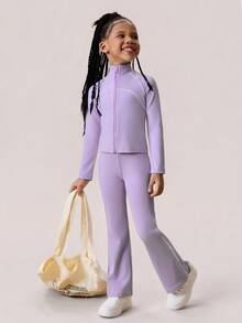 SHEIN Athiow 年轻女孩 2 件套女童运动服，弹力修身拉链夹克和高腰紧身喇叭裤，适合瑜伽、网球、羽毛球、户外运动和日常训练 - 紫色 - 查看 5