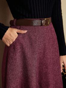 Vintamour 复古优雅女士高腰红色半身裙，带口袋，宽松A字裙，休闲/工作装，适合冬季感恩节、圣诞节、新年等节日穿着。 - 酒紅色 - 查看 3