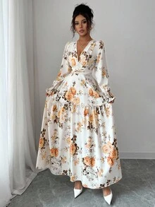 Elenzga 女式碎花灯笼袖中长连衣裙，浪漫的法式设计，修身腰身，性感的深 V 领，适合约会、派对，可与夹克叠穿 - 黃色 - 查看 3