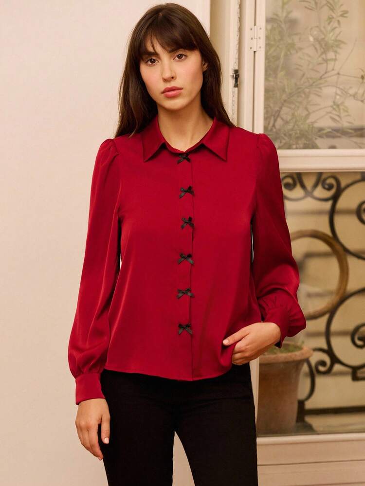 Red Satin Shirt With Black Bows Details , Women Fall Fall Women Spring Summer  New Year Business Casual Top Office French Style Parisian Style