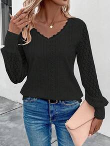 EMERY ROSE Women's Contrast Lace V-Neck Long Sleeve Casual Fashion T-Shirt - Black - View 7