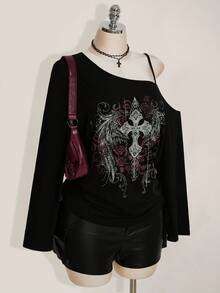 SHEIN ICON Casual Simple Cross Print Plus Size Women's Asymmetrical Shoulder Strap T-Shirt, Vintage Y2K Punk Style Dark Shoulder Top, Casual Outfit For Women, Spring/Autumn/Winter