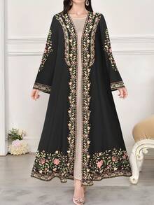 SHEIN Najma 女式花卉植物数码印花长袖休闲阿拉伯长袍，春秋季 - 彩色 - 查看 1