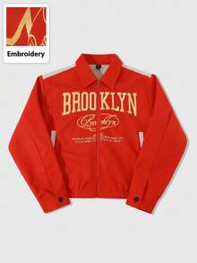 ROMWE MEN Street Life Men Casual Fashionable Street American English Graphic Print Zip-Up Jacket, Fall - Red - View 6