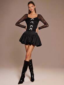 Enchnt Fall/Winter Romantic Women's Elegant Black Lace Mesh Patchwork Heart Neck Bow Decor Elegant Long Sleeve Blouse,Sweet&Elegant&Fashionable For Date&Holiday&Birthday&Party&Wedding Guest&Office&Going Out&Afternoon Tea,Fall Blouse For Women,Autumn Clothes