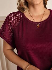 Rosumi Plus Size Women's Early Spring Short Sleeve Lace Patchwork Wine Red T-Shirt, Summer For Women, Vacation - Burgundy - View 7
