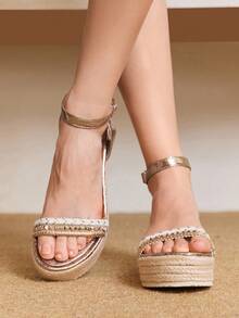 Styleloop Women's Woven Rope Platform Wedge Sandals, Vacation Style BOHO Chic Retro American Western Music Festival Party Outfit - Champagne - View 5