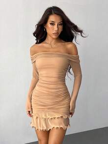 SHEIN PETITE 女士杏色纯色网眼针织褶饰露肩性感露肩长袖荷叶边下摆优雅甜美迷你连衣裙，适合下午茶、聚会、时尚外出、约会、甜蜜外出、夜间外出、圣诞派对、除夕夜、节日装、长袖连衣裙、性感女装、俱乐部装 - 卡其色 - 查看 5